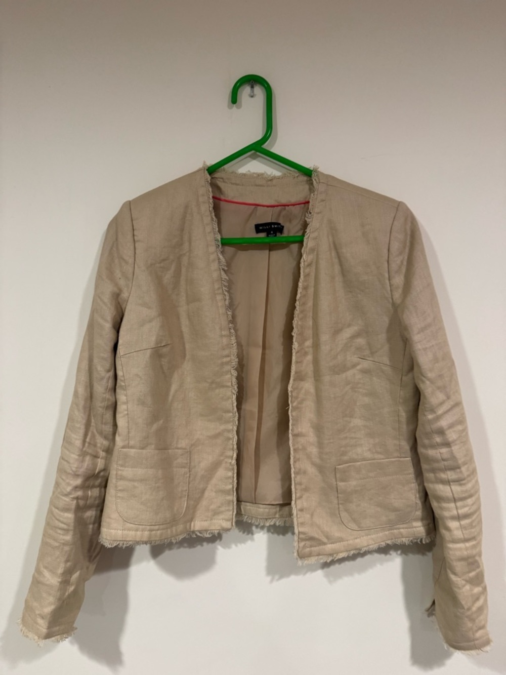 Willi Smith Natural Beige Collarless Frayed-Edge Blazer